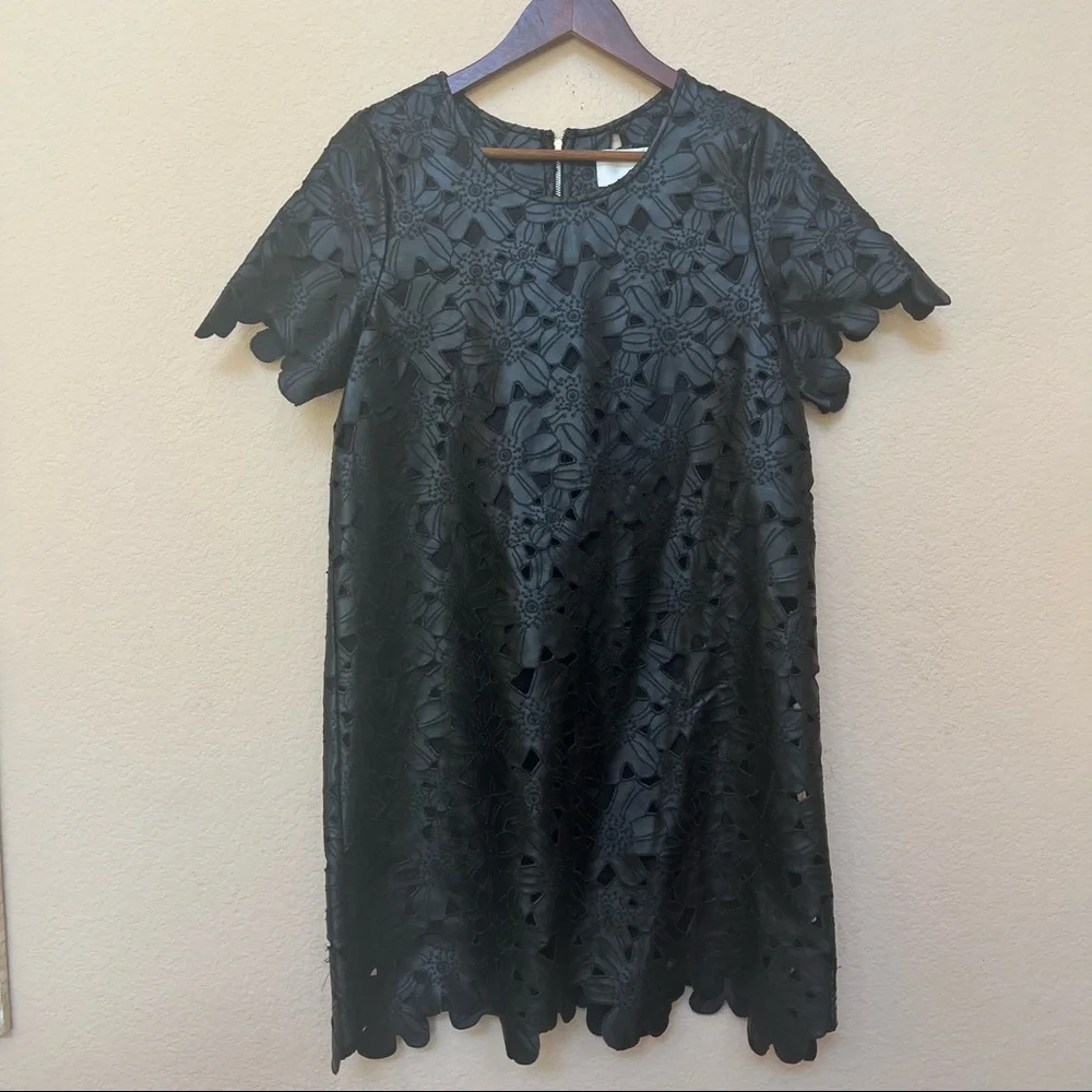 J.O.A. Black Faux Leather Floral Laser Cut Dress B6/32 - Picture 4 of 12